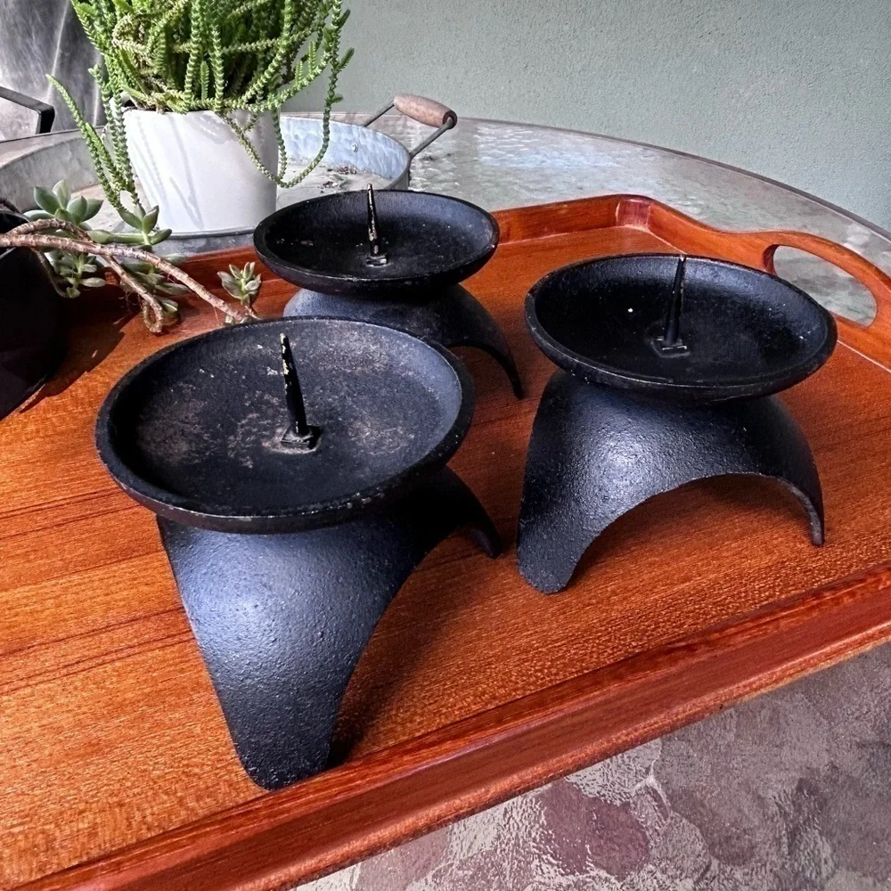Mid Century Black Cast Iron Tripod Candle Holders Set of 3